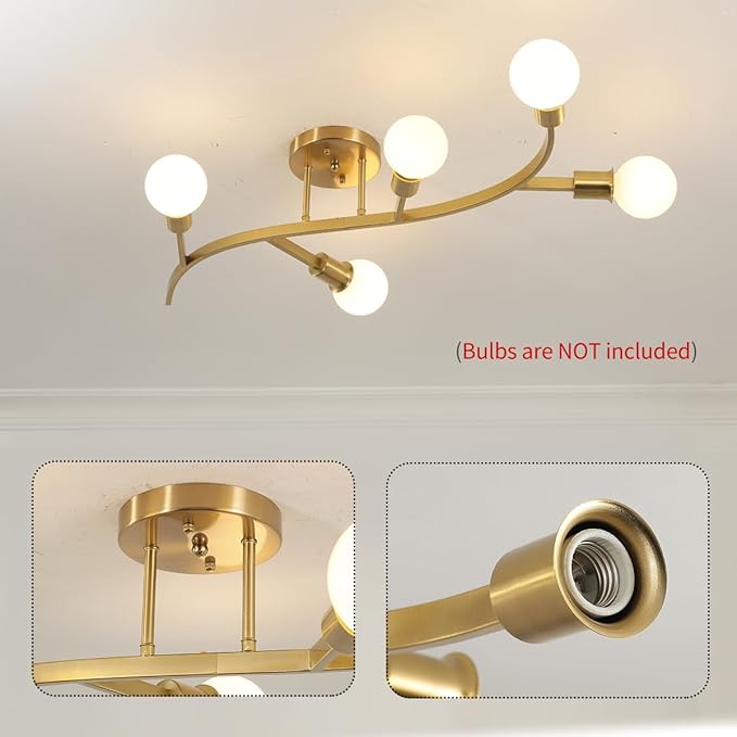 Gold Modern Sputnik Ceiling Light Fixture 5-Lights,Mid Centur Minimalist Semi Flush Mount Sputnik Chandelier for Living Room,Dining Room,Bedroom,Hallway,Kitchen(Bulbs Not Included)