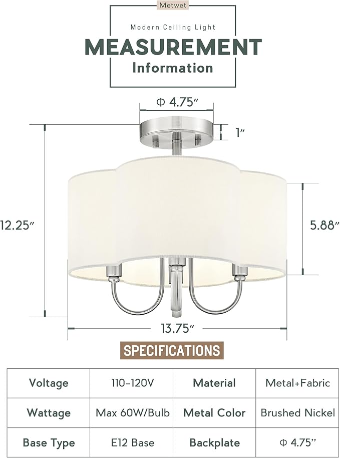 4-Light Semi Flush Mount Ceiling Light, 13.5" Vintage Light Fixtures Ceiling Mount with Fabric Shade in Quatrefoil for Kitchen Entryway Hallway Bedroom, Brushed Nickel, SM179-BN