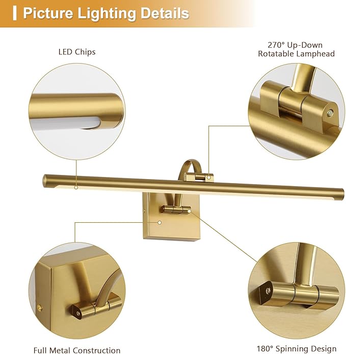 DESOOP Brass Picture Lights for Wall Hardwired LED Picture Frame Light Dimmable Painting Lights for Wall Portrait Artwork 23.62 inch 14W Warm White