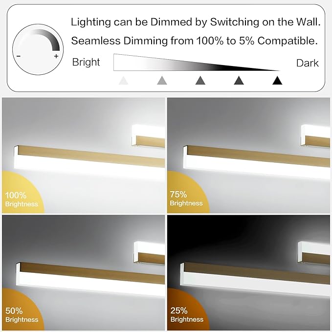 PRESDE 24" LED Bathroom Vanity Light Fixtures, Modern Brushed Gold Bathroom Lighting Bar Fixture Over Mirror Dimmable