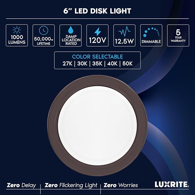 LUXRITE 6 Inch LED Disk Lights, Dimmable Flush Mount Ceiling Light, 5CCT Selectable 2700K 3000K 3500K 4000K 5000K, 12.5W, 1000LM (Bronze, 6 Count (Pack of 1))