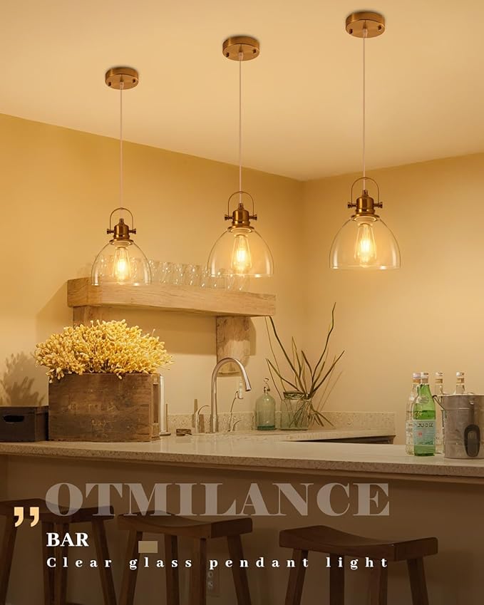 Glass Pendant Lights Kitchen Island 3 Packs, Gold Kitchen Pendant Lighting Over Island, 7.5 inch Modern Kitchen Island Pendant Lights, Farmhouse Pendant Light for Kitchen, Bedroom, Bathroom