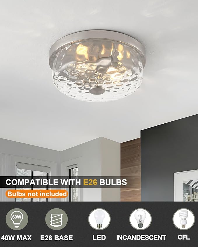12 Inch Farmhouse Flush Mount Ceiling Light, 2 Light Industrial Close to Ceiling Light, Industrial Ceiling Lighting Fixture for Kitchen Hallway Bedroom Living Room (12.2 Inch Brushed Nickel)