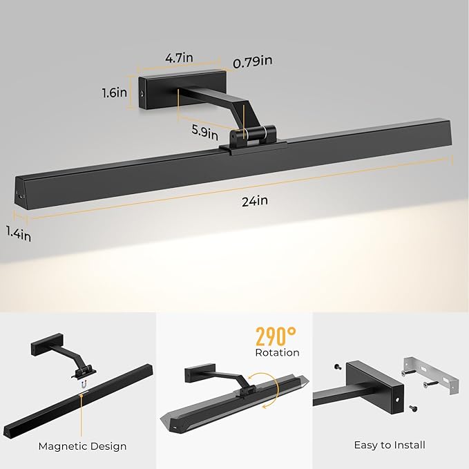 Afyuol Picture Lights for Wall, Battery Operated Picture Light 24in Gallery Light for Paintings CCT Dimmable Recharging Battery Wall Light with Remote Control for Living Room Gallery Dartboard 2PCS