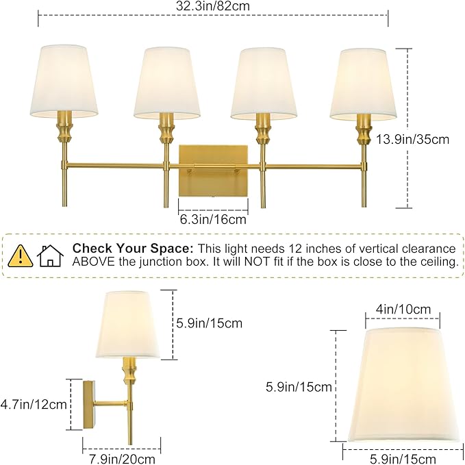 Bathroom Lights Over Mirror, 32.3 in 4-Light Bathroom Vanity Light, Brass Bathrooms Light Fixtures with Flared White Fabric Lampshade for Bedroom,Living Room,Dressing Table,Hardwired,E12 Base