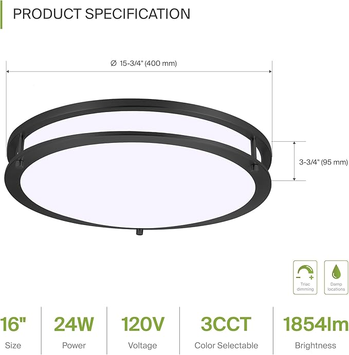 ASD LED 16" Round Flush Mount Lighting, Close to Ceiling Light Fixture | 3CCT, Dimmable, Energy Star, ETL Listed | 24W 1854LM 3000-5000K 120V | Low Profile Double Ring Lamp | Dark Bronze, 2 Pack
