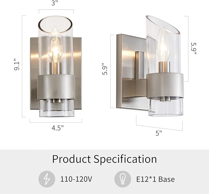 WUZUPS Set of 2 1-Light Bathroom Wall Light Fixture Over Mirror Class Shade Morden Vanity Scones for Bathroom Bedroom Living Room, E12 Base, Brushed Nickel