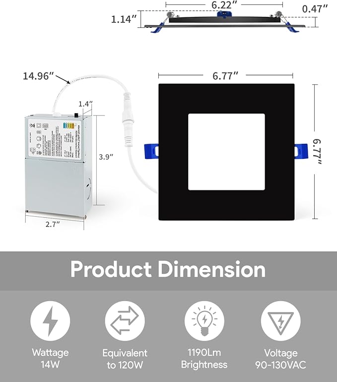 Adetu 6 Pack 6 inch Square Led Recessed Lighting Black,5CCT Ultra Thin Square Led Ceiling Light with Junction Box, 2700K/3000K/3500K/4000K/5000K Selectable,Dimmable,ETL and Energy Star Certified