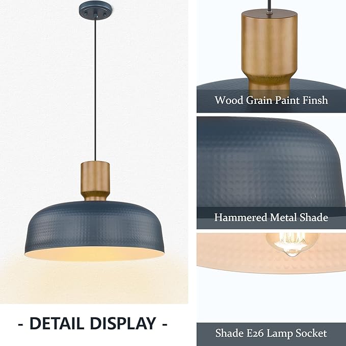 Darkaway Large Industrial Pendant Light Fixtures with Hammered Metal Shade, 2 Pack Blue 18.1inch Oversized Pendant Lighting for Kitchen Island Hanging Lamp Adjustable Height