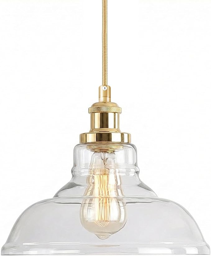 GLADFRESIT 3 Packs Industrial Pendant Lights, Vintage Hanging Light Over Table, Clear Dome Glass Lampshade, Golden Lamp Head and Base, Adjustable Hanging Height Lighting Fixtures.