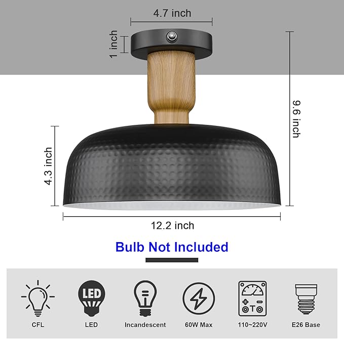 Darkaway Dusk to Dawn Industrial Semi Ceiling Light Fixtures, Flush Mount Indoor Outdoor Ceiling Light with Black Hammered Metal Shade Outdoor Porch Foyer Entryway