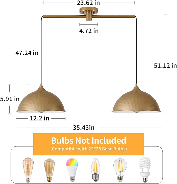 Pendant Lights Kitchen Island, 2-Pack Dome Pendant Light Gold and White Light Fixtures Industrial Vintage Hanging Pendant Lighting for Dining Room Restaurant Cafe Entryway