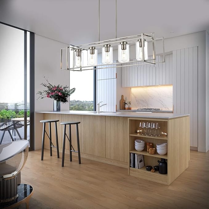 Kitchen Island Lighting Brushed Nickel Industrial 5-Light Chandeliers Farmhouse Dining Room Rectangular Pendant Light Fixtures with Clear Glass Shades