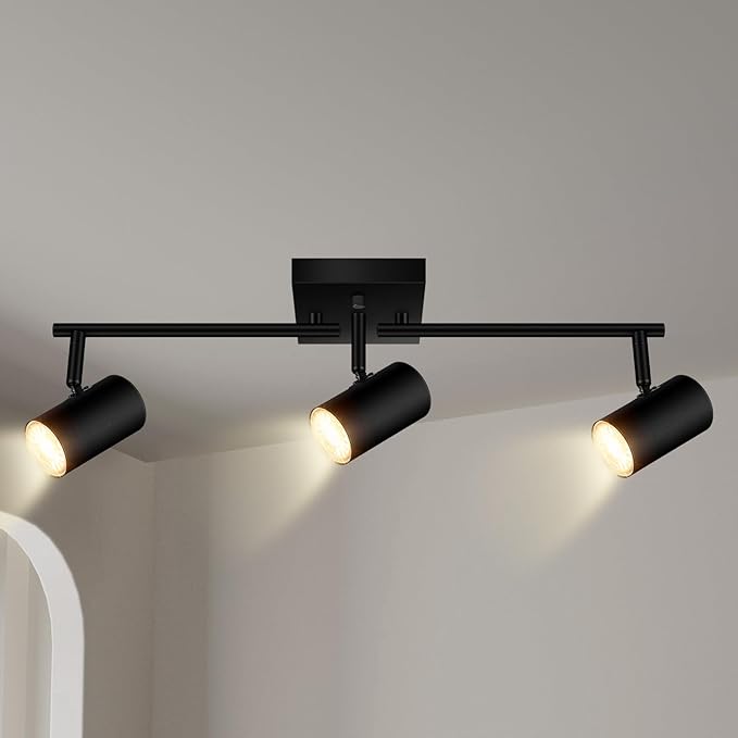 3 Light Track Lighting Fixtures Ceiling, Black LED Track Lighting Kit, Modern Kitchen Track Lights with Rotatable Light Heads, Ceiling Spot Lighting for Living Room/Hallway/Bar, No GU10 Bulb