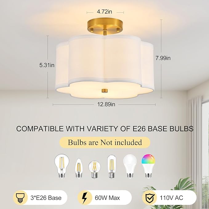 Modern Semi Flush Mount Ceiling Light Modern Gold 3-Lights Drum Ceiling Lighting Fixture Vintage Linen Golden Ceiling Lamp for Laundry Room, Kitchen, Basement, Dining Room, Bedroom