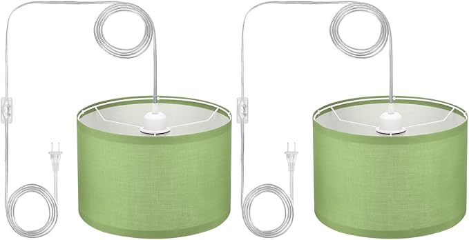 PATIKIL Plug in Pendant Light, 2 Pack 15Ft Rope Cord Hanging Lamp Fixture with ON/Off Switch, Linen Fabric Shade E26/E27 Bulb Socket for Bedroom Kitchen Living Room, Light Green