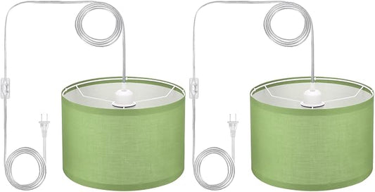 PATIKIL Plug in Pendant Light, 2 Pack 15Ft Rope Cord Hanging Lamp Fixture with ON/Off Switch, Linen Fabric Shade E26/E27 Bulb Socket for Bedroom Kitchen Living Room, Light Green