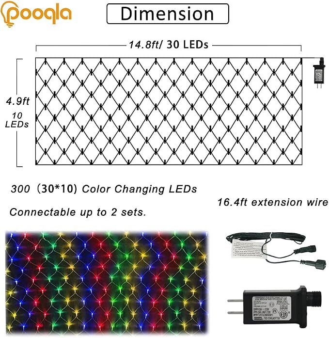 Pooqla Christmas Net Lights, 300LED Outdoor Mesh Light 14.8x4.9 ft Fairy String Mesh Light 8 Modes Green Wire, Connectable Waterproof for Bushes Tree Garden Christmas Decor, Colorful