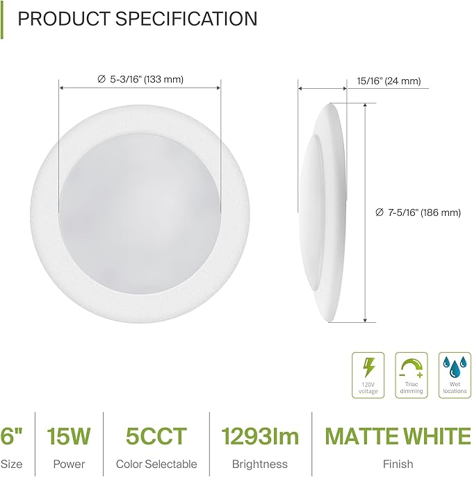 ASD 1 Pack LED Disk Lights 6 Inch, 15W 5CCT 2700K-5000K 1245LM CRI90+, Dimmable Flush Mount Ceiling Light Fixture, Low Profile Surface Mount Disc Lights, Junction Box or Recessed Can Install, ETL