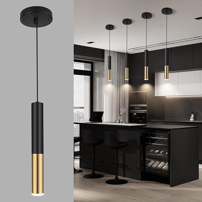 Modern Black and Gold Pendant Light Fixture for Kitchen Island, 1-Light Pendant Lighting, Lights Cord Adjustable, Matching GU10 lamp Holder,for Living Room Bedroom Dining Room