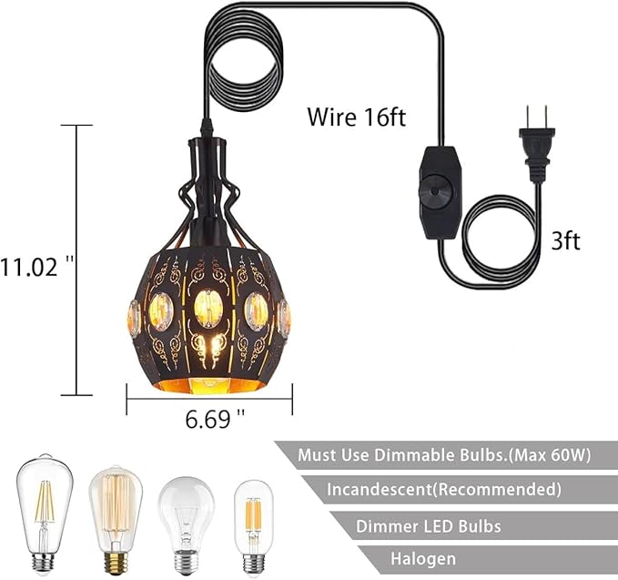 YLONG-ZS Hanging Lamp Swag Lights Plug in Pendant Light,Hanging Lights with Plug in Cord Small Black Vintage Rustic Dimmable Hanging Ceiling Lamp for Corner Restaurant Living Room Bedroom