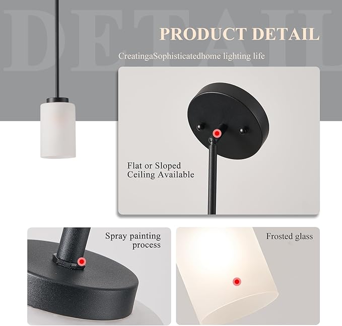 3 Pack Pendant Light Fixtures, Kitchen Island Hanging Ceiling Lights with White Frosted Glass Shades, Adjustable House Indoor Light for Bedroom Living Room, Black