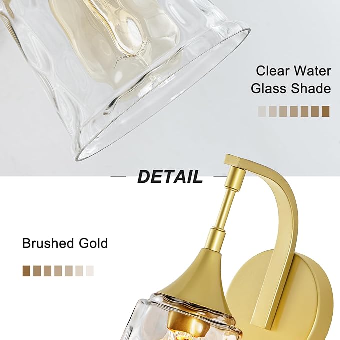 Gold Wall Sconce for Bathroom,1-Light Hardwired Wall Light Fixture with Water Ripple Glass Shade, Vintage Brass Sconce Lights for Bedroom Hallway Entryway