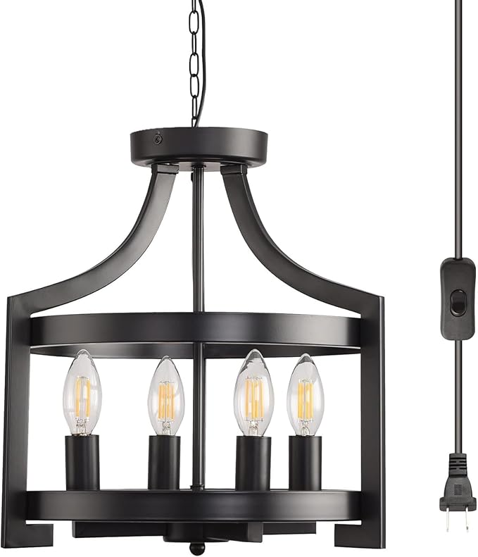 Plug in Chandelier Black Farmhouse Pendant Light Fixture, Adjustable Flush Mount Ceiling Light with 19.6 ft Hanging Cord for Kitchen Island, Dining Room, Living Room, Bedroom, Foyer, Entry