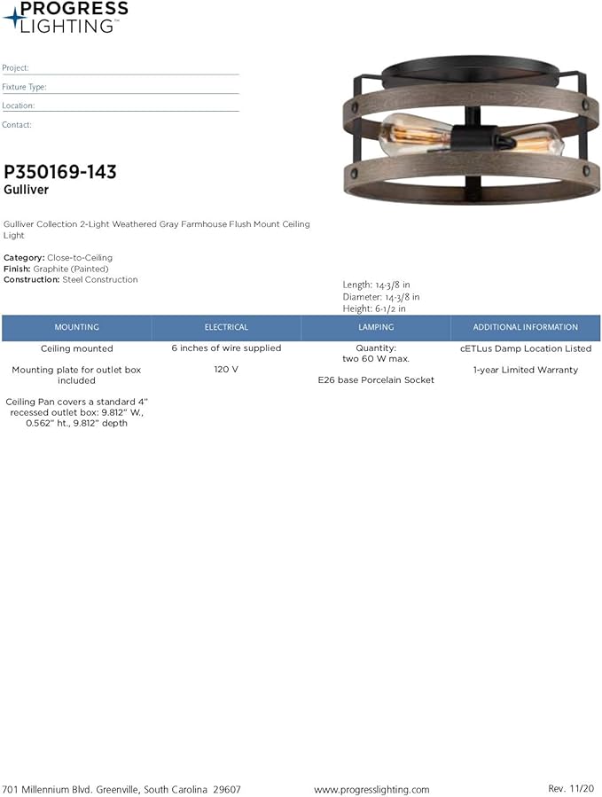 Progress Lighting Gulliver Collection 2-Light Weathered Gray Farmhouse Flush Mount Ceiling Light, 6.50x14.37x14.37