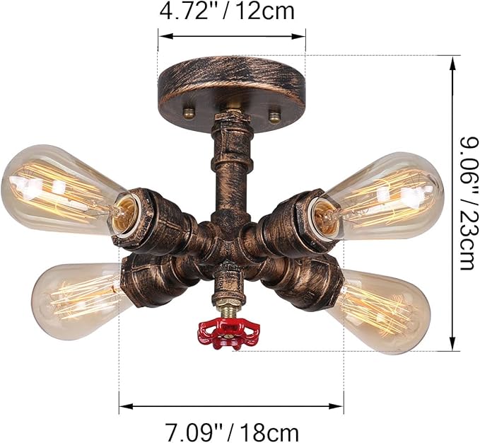 UNITARY Farmhouse Bedroom Semi Flush Mount Ceiling Light Rustic Copper Metal Sputnik Hallway Ceiling Light Fixture with 4 E26 Bulb Sockets Entryway Flush Mount Light Kitchen Light Fixture