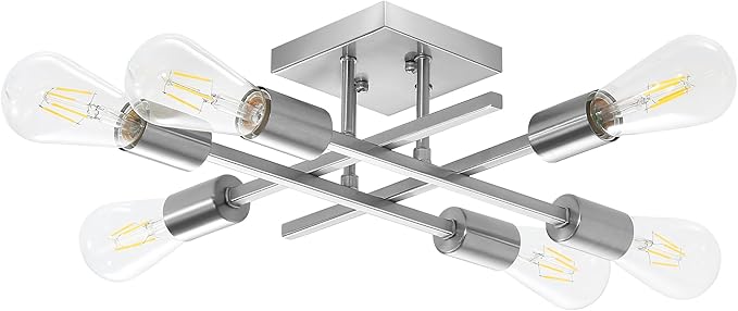 6-Light Semi Flush Mount Ceiling Light Fixture, Industrial Brushed Nickel Close to Ceiling Lighting, Modern E26 Base Sputnik Chandelier Ceiling Lamp for Kitchen Bedroom Living Room Hallway