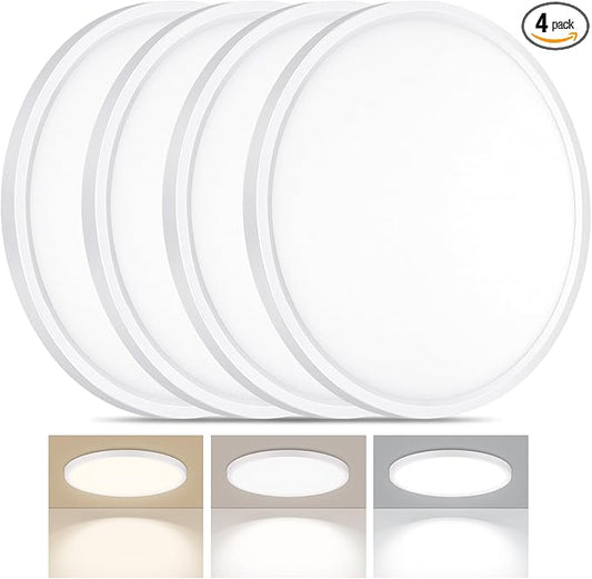 4 Pack LED Flush Mount Ceiling Light, 24W Ultra Thin Round White 3000k/4000k/6500k 3 Color Temperatures Adjusted 12 Inch Modern Ceiling Lights for Bedroom Bathroom Kitchen, Wired