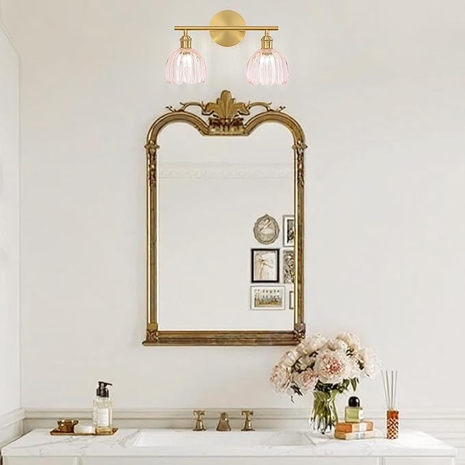Gold Bathroom Light Fixtures Over Mirror, 2 Light Bathroom Vanity Light Fixture with Tulip Pink Glass Lampshade, Vintage Vanity Lights for Bathroom, Bathroom Vanity Lights Over Mirror