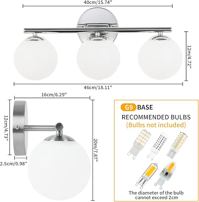 Globe Bathroom Light Fixtures Chrome Vanity Light with Plastic Milk White Globe Shades 11.81 inch Wall Sconce Lighting Over Mirror, 3-Light Vanity Lights for Bathroom Hallway Living Room