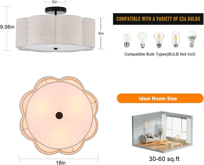 Semi Flush Mount Ceiling Light, Beige Linen Fabric Shade Ceiling Light, Black Modern Farmhouse Close to Ceiling Light for Bedroom, Hallway, Living Room, Dining Room, Laundry Room