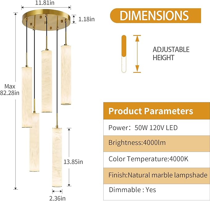 LMQNINE Natural Alabaster Pendant Lights for Kitchen Island White Marble Long Tube Chandelier 4000K Modern Gold Ceiling Light Fixtures for Bedroom Dining Room Table Living Room Hallway(M-5Light)