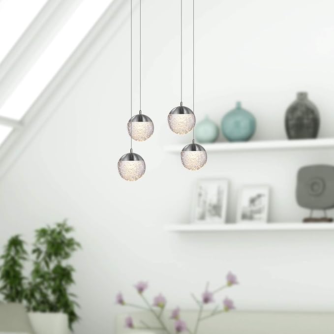 contec development Galaxy 4 Mini Pendant Crystall Ball Lighting Nickel - LED Hanging Light Fixture: Kitchen Island, Bar, Foyer - Cluster Pendants - Dimmable, Adjustable Wire, Lamp Bulb Included