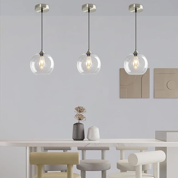 Modern 3-Pack Glass Globe Pendant Lights, Clear Modern Pendant Lighting for Kitchen Island, Clear Glass Hanging Lamps for Dining Room Living Room Bedroom, Small 5.9 Inch Fixture (Bulbs Not Included)