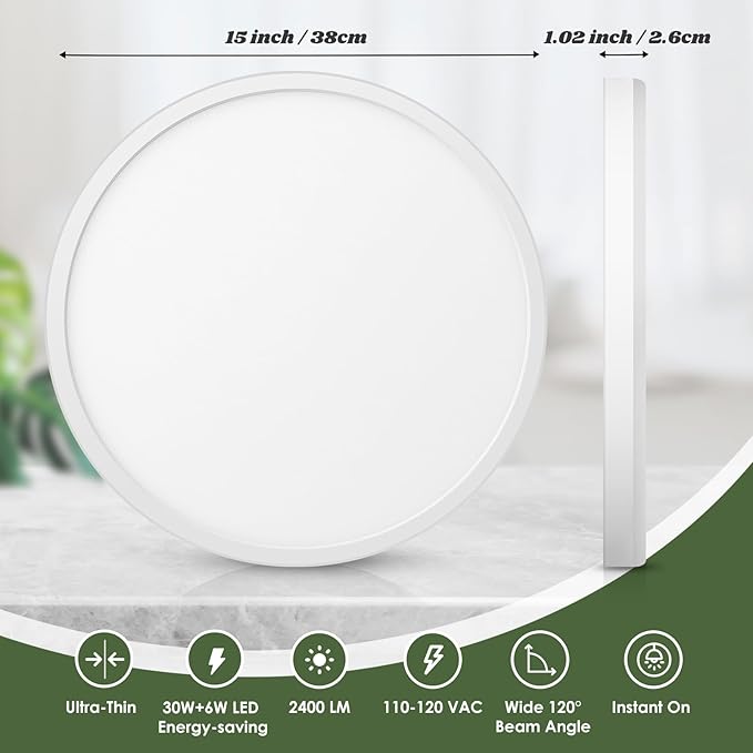 Brightever 15 Inch Large LED Ceiling Light Fixture with Night Light, 5CCT Dimmable Ceiling Lamp Flush Mount, 30W 3000LM, 2700K/3000K/4000K/5000K/6500K Adjusted Round LED Light for Porch, 1 Pack