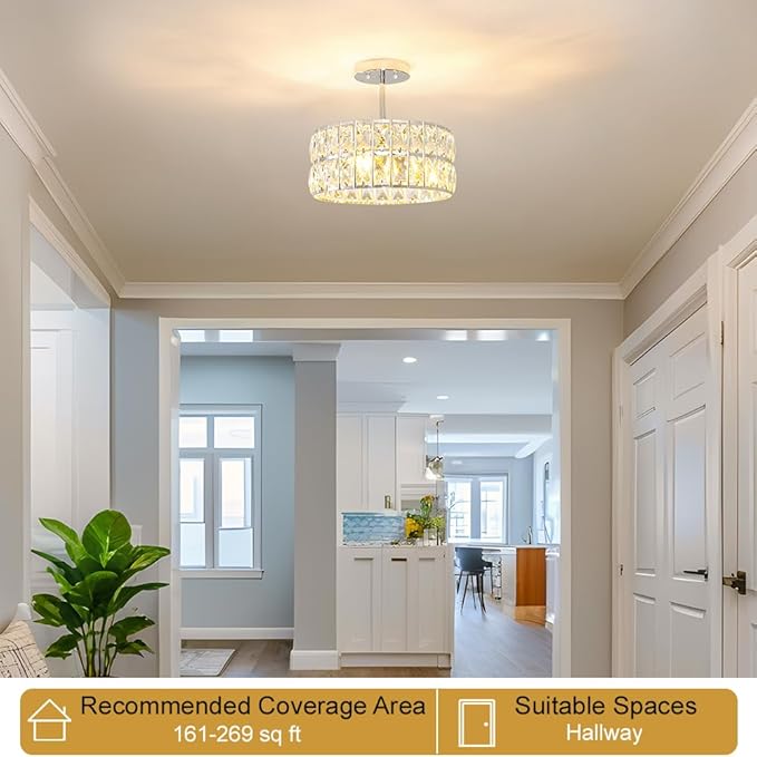 Chrome Crystal Ceiling Light, Modern Semi Flush Mount Ceiling Lighting, Hallway Lighting Fixtures, Small Chandelier Light Fixture for Kitchen Entryway Bedroom Dining Room, 3-Light, 12 Inch