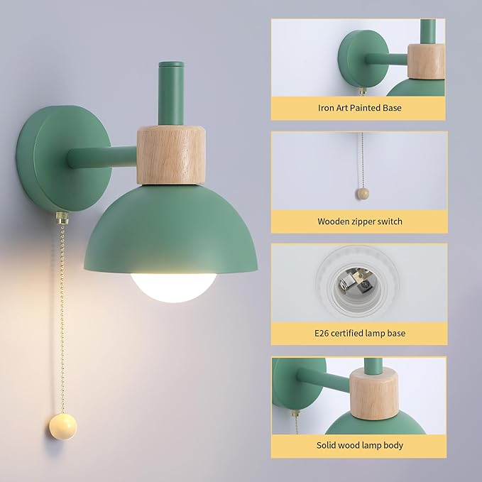 Pull Chain Wall Lights for Bedroom Modern Bathroom Wall Sconce Light with Switch E26 Socket Bedside Wall Lamps for Living Room Vintage Wall Light Fixtures for Hallway Porch Vanity Green