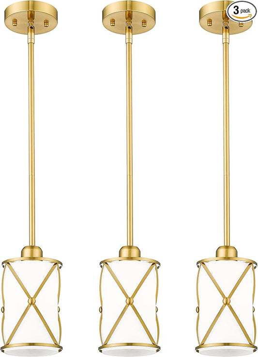 Brushed Gold Pendant Lights Kitchen Island 3 Pack, Milk Glass Kitchen Pendant Lighting Over Island with Rod, Modern Mini Hanging Light for Kitchen Sink Dining Room, CH9176BGW-3PK