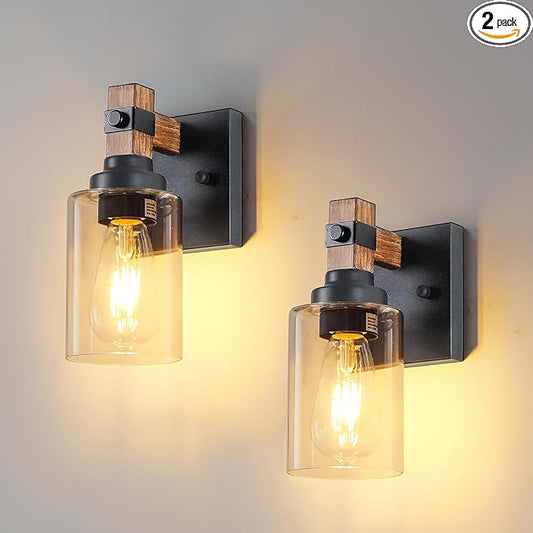 Farmhouse Wall Sconces 2-Pack, Wired Sconces Wall Lighting with Glass Shade, Decor Set of Two for Bedroom Bathroom Livingroom, Round-Wired