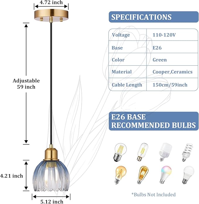 TALOYA Pendant Light 3 Pack with Blue Tulip Glass Lmapshade, Brass Vintage Pendant Light Adjustable Hanging Light for Kitchen Island Bedroom Dining Room Hallway& Bar