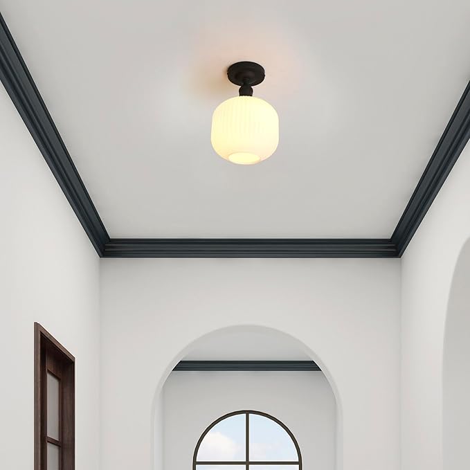 Pathson Vintage Flush Mounted Ceiling Light with Milk White Glass, Modern Ceiling Lamp Fixture for Farmhouse Hallway Foyer Loft Living Room Bedroom Matte Black Finished