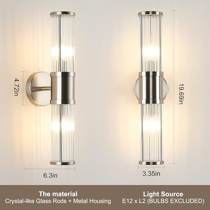 Brushed Nickel Wall Sconce with Glass Rods - Modern Industrial Vanity Light Fixture, E12 Candelabra Base for Bathroom, Bedroom & Hallway (Bulbs Not Included)