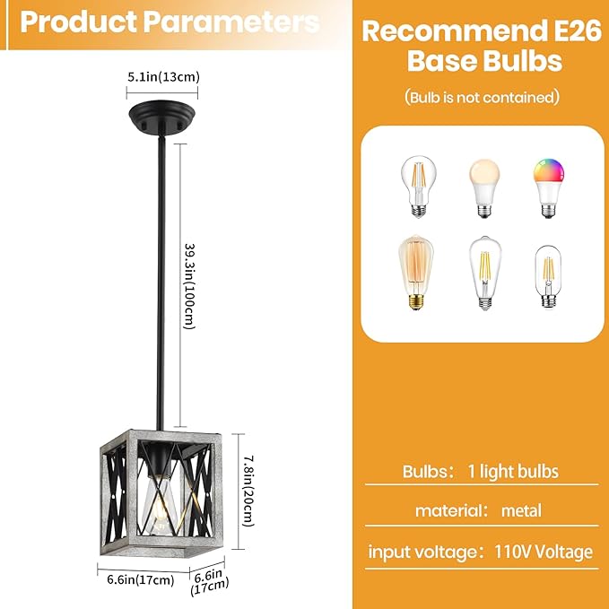 KEESFU Farmhouse Pendant Light with Metal Cage,1 Light Pendant Lighting for Kitchen Island,39 Inch Adjustable Rods for Flat and Slop Ceiling,Kitchen Island Hallway Foyer(2pack