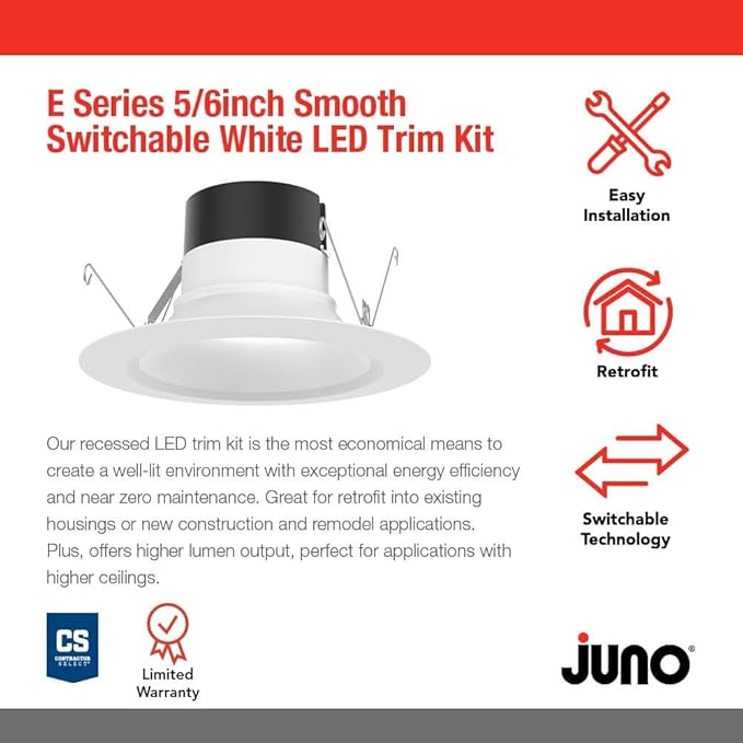 Juno E Series 5"/6" LED Ceiling Light, Smooth Trim Recessed Lighting with 5-in-1 Switchable White Color, 900 Lumens, Wet Rated LED Downlight, Dimmable, White