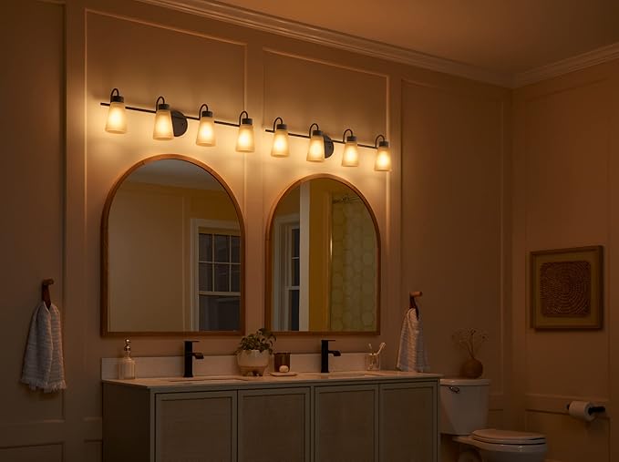 Kichler Stamos 4-Light Bathroom Vanity Light with Satch Etched Glass Shades, 26" Modern Wall Light in Olde Bronze®, (26" x 8" x 5")