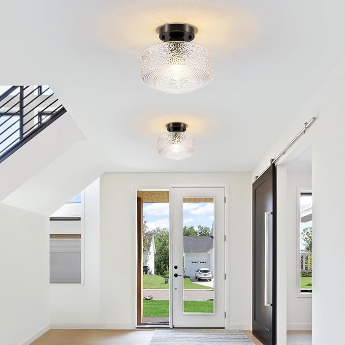 Semi Flush Mount Ceiling Light, 9 Inch Modern Small Ceiling Light Fixture with Thickened Glass & Stone Floral Pattern, Black Metal Base for Hallway Kitchen Bedroom Hotel Cafe